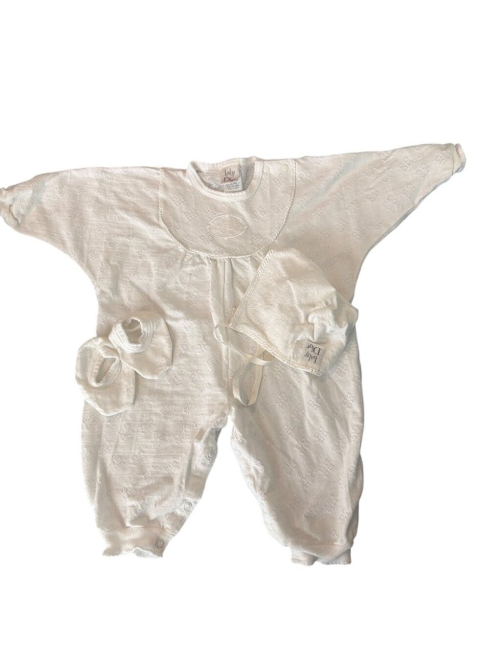 Vtg Baby Dior White Christening Outfit Set Bonnet Booties Embroidered Size M USA
